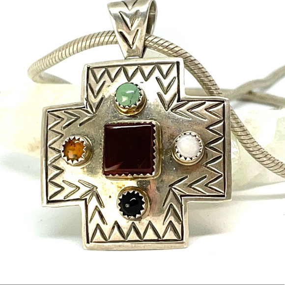 Vintage Navajo Cross Pendant Garnet Turquoise Amber Onyx Moonstone. Sterling - Picture 5 of 6